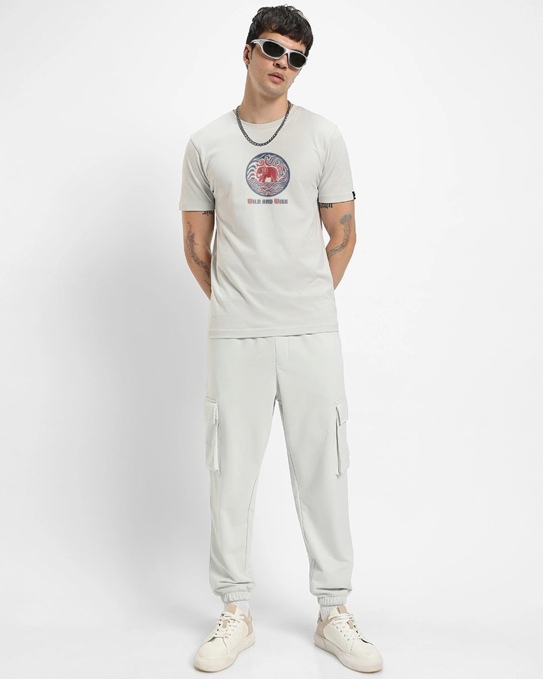 Clottie Men's Oyster Mushroom Grey Wild and Wise Elephant Graphic Printed T-Shirt