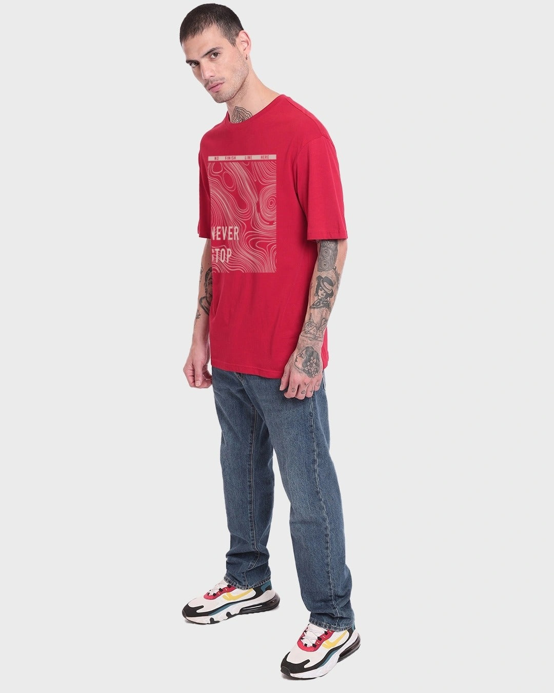 Clottie Men's Bold Red Never Stop Graphic Printed Oversized T-Shirt