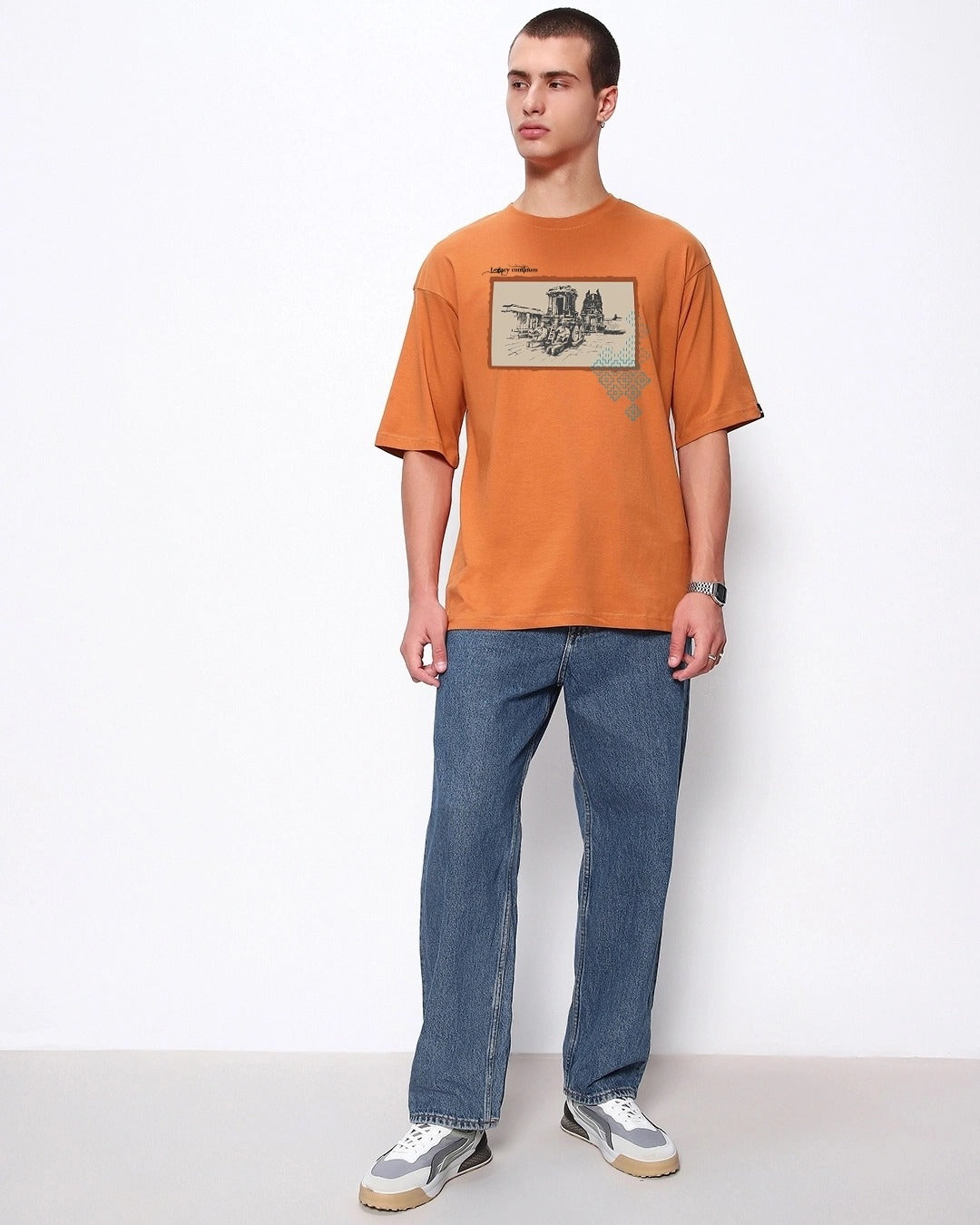 Clottie Men's Caramel Orange Legacy Graphic Printed Oversized T-Shirt