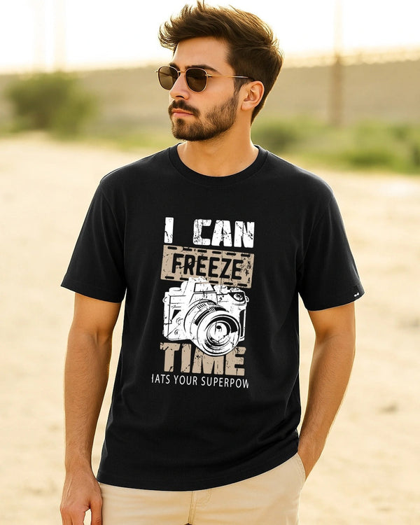 Clottie Men's Jet Black Freeze Time Graphic Printed T-Shirt