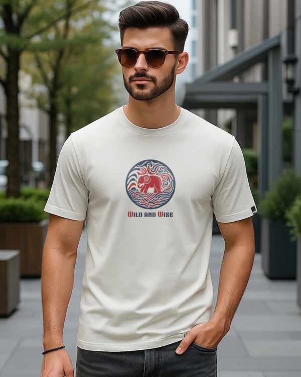 Clottie Men's Oyster Mushroom Grey Wild and Wise Elephant Graphic Printed T-Shirt