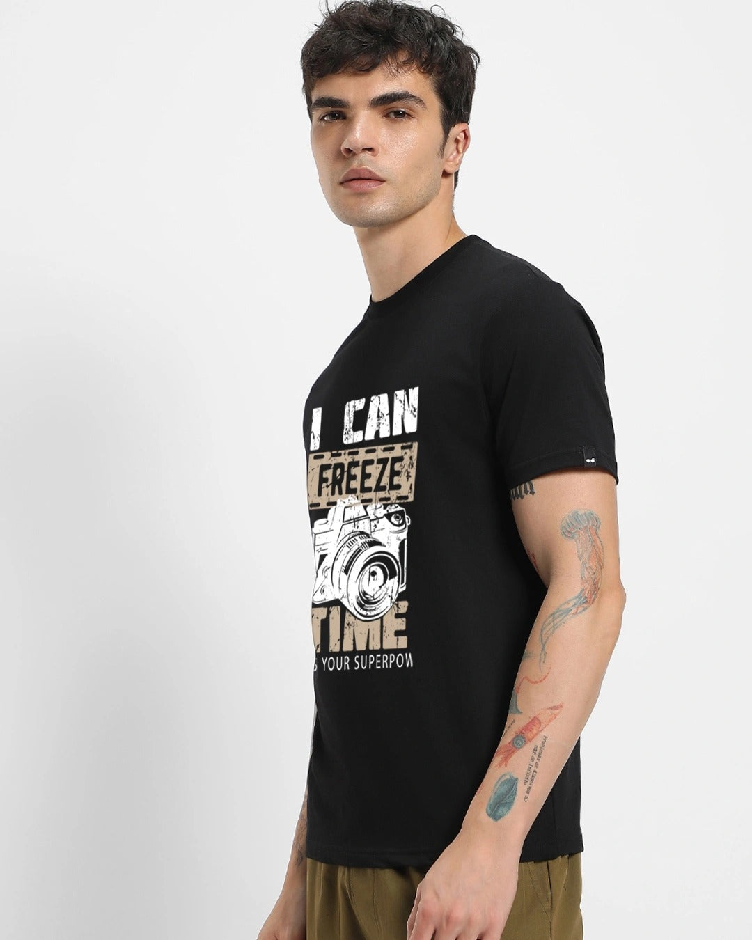 Clottie Men's Jet Black Freeze Time Graphic Printed T-Shirt