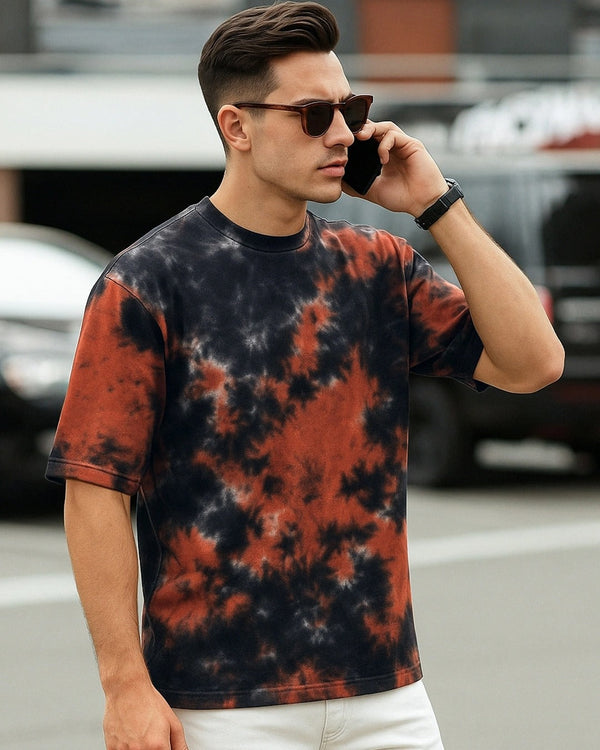 Clottie Men's Black & Orange Tie-Dye Oversized T-Shirt – Premium Streetwear Tee