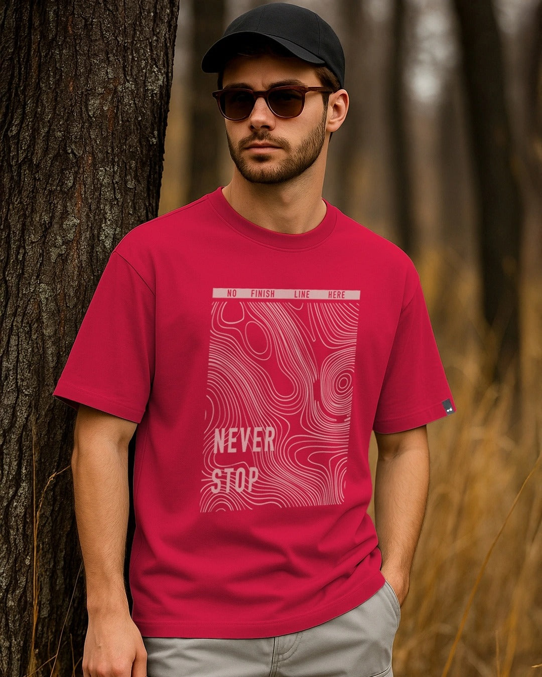 Clottie Men's Bold Red Never Stop Graphic Printed Oversized T-Shirt