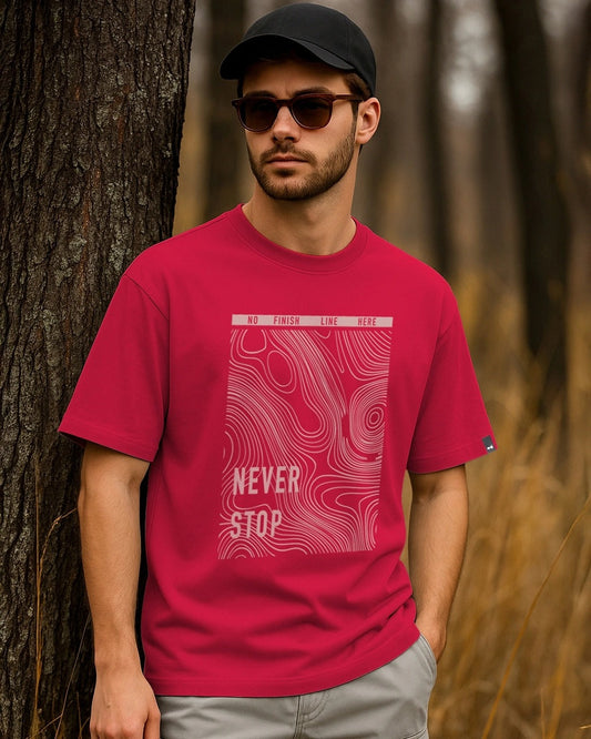 Clottie Men's Bold Red Never Stop Graphic Printed Oversized T-Shirt