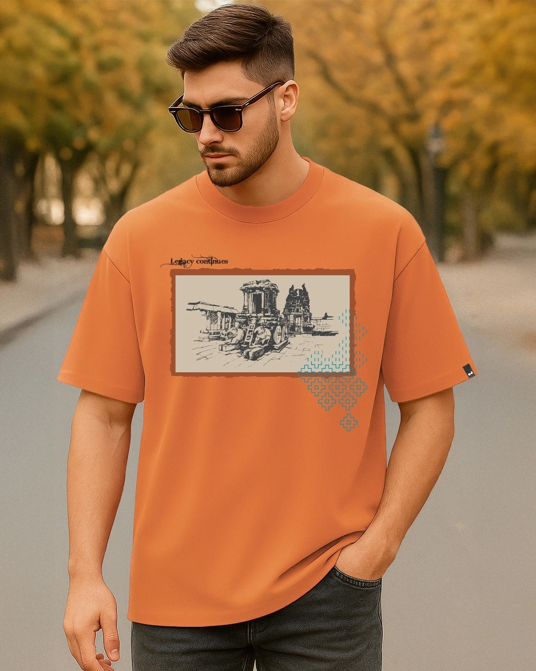 Clottie Men's Caramel Orange Legacy Graphic Printed Oversized T-Shirt